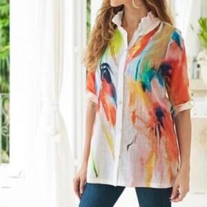 Soft Surroundings Isla Grande 100% Cotton Multicolor Watercolor Button Front Top